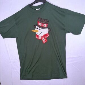 Vintage Snowman Christmas Jerzees Shirt Green Holiday Graphic Tee Womens‎ Large